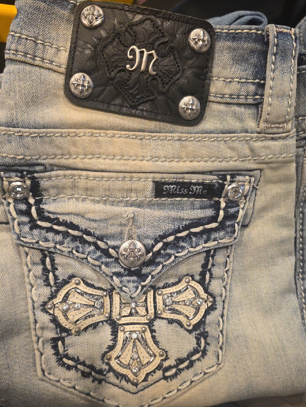 Miss Me Light Blue Denim Jeans with Silver Embellished Cross